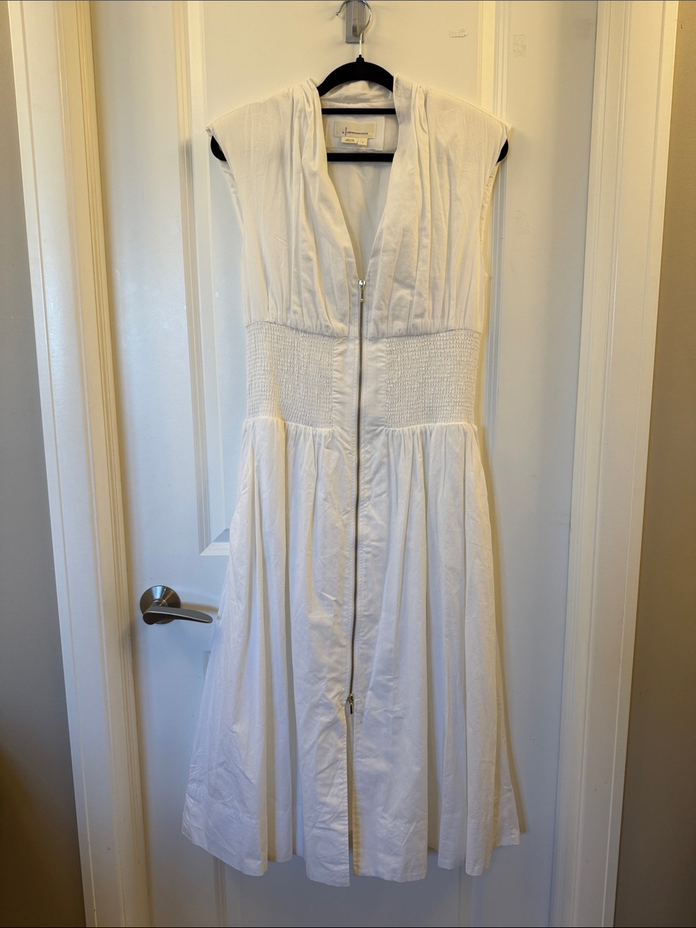 Anthropologie White Midi Dress with Front Zip & Shirred Waist
